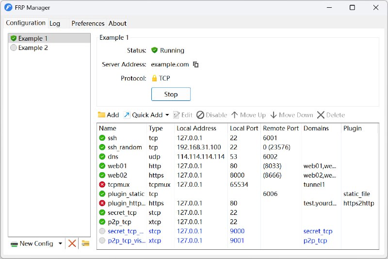 FRP Manager  English | 简体中文FRP Manager is a multi-node, graphical reverse proxy tool designed for FRP on Windows. It allows users to setup reverse proxy easily without writing the configuration file. FRP Manager offers a complete solution including editor, launcher, status tracking, and hot reload.The tool was inspired by a common use case where we often need to combine multiple tools including client, configuration file, and launcher to create a stable service that exposes a local server behind a NAT or firewall to the Internet. Now, with FRP Manager, an all-in-one solution, you can avoid many tedious operations when deploying a reverse proxy.