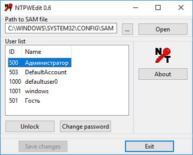 NTPWEditNTPWEdit 是一个用于基于 Windows NT 系统（如 Windows 2000、XP、Vista、7、8、10）的密码编辑器，它可以更改或删除本地系统账户的密码